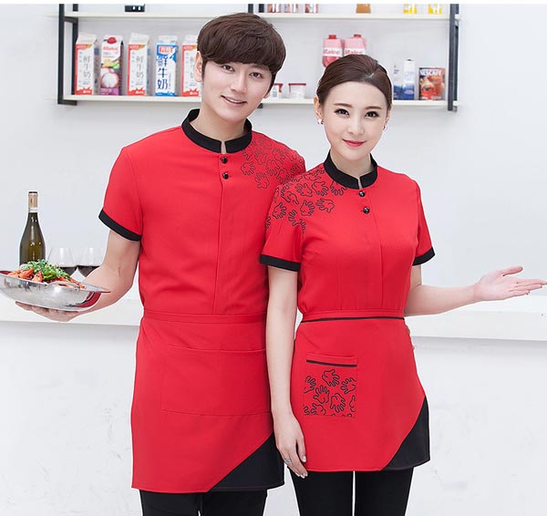 红色短袖餐饮服务员工作服订做款式图二