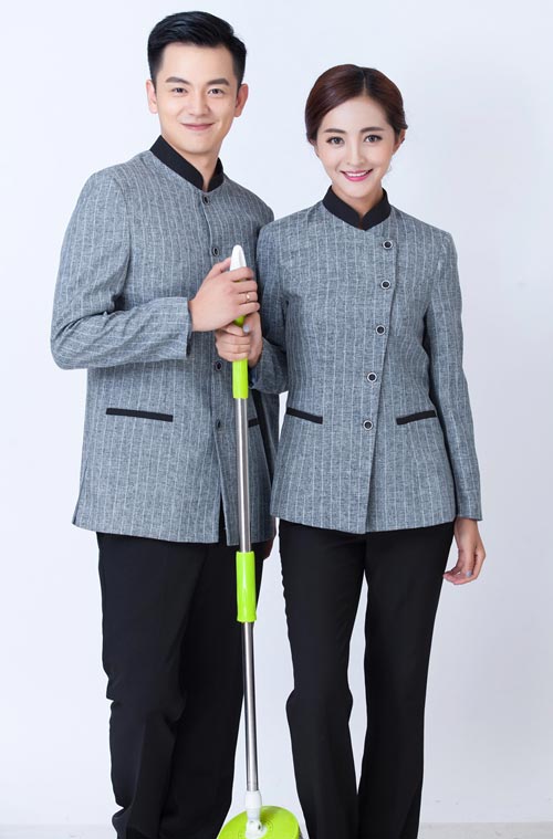 新款长袖条纹保洁工作服定做款式展示图
