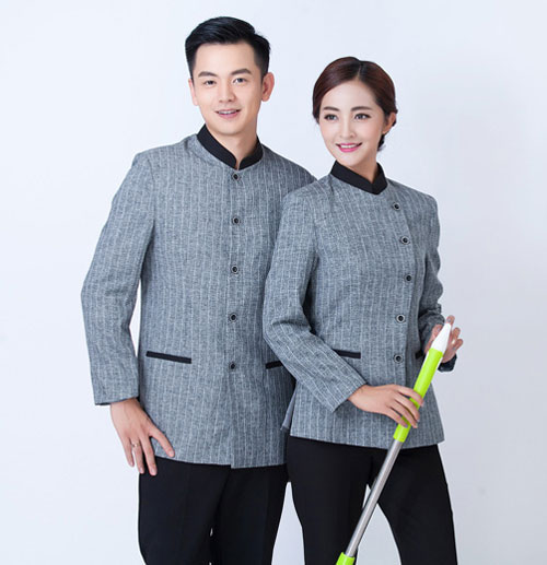 灰色长袖条纹保洁工作服定做款式展示图
