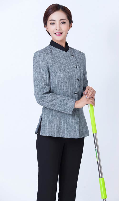 灰色女保洁工作服定做长袖款式展示图