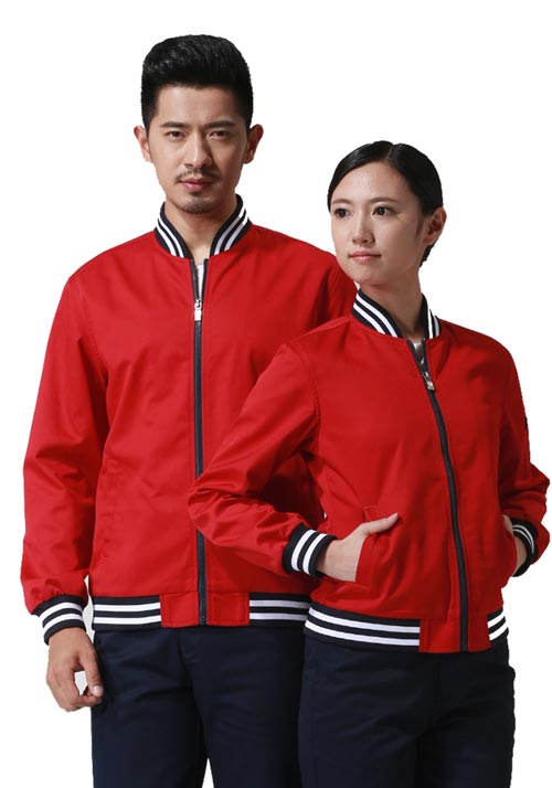 红色罗纹棒球款秋冬长袖工程服定订做