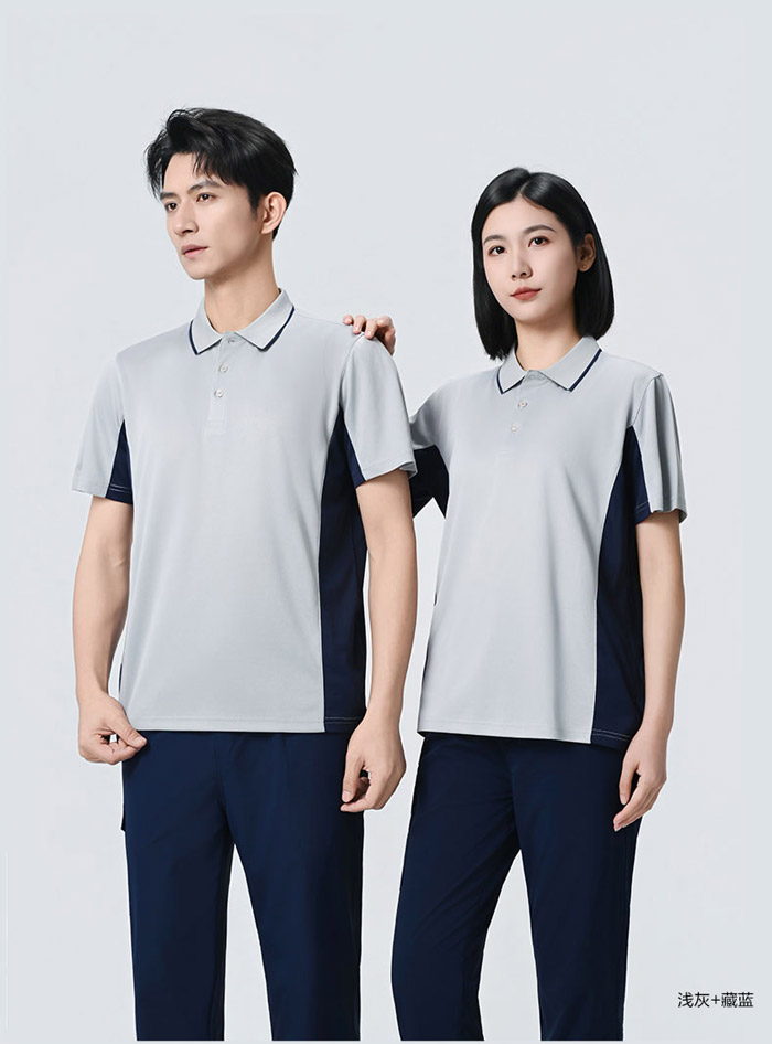 灰色搭配黑色防静电短袖POLO衫模特效果展示图
