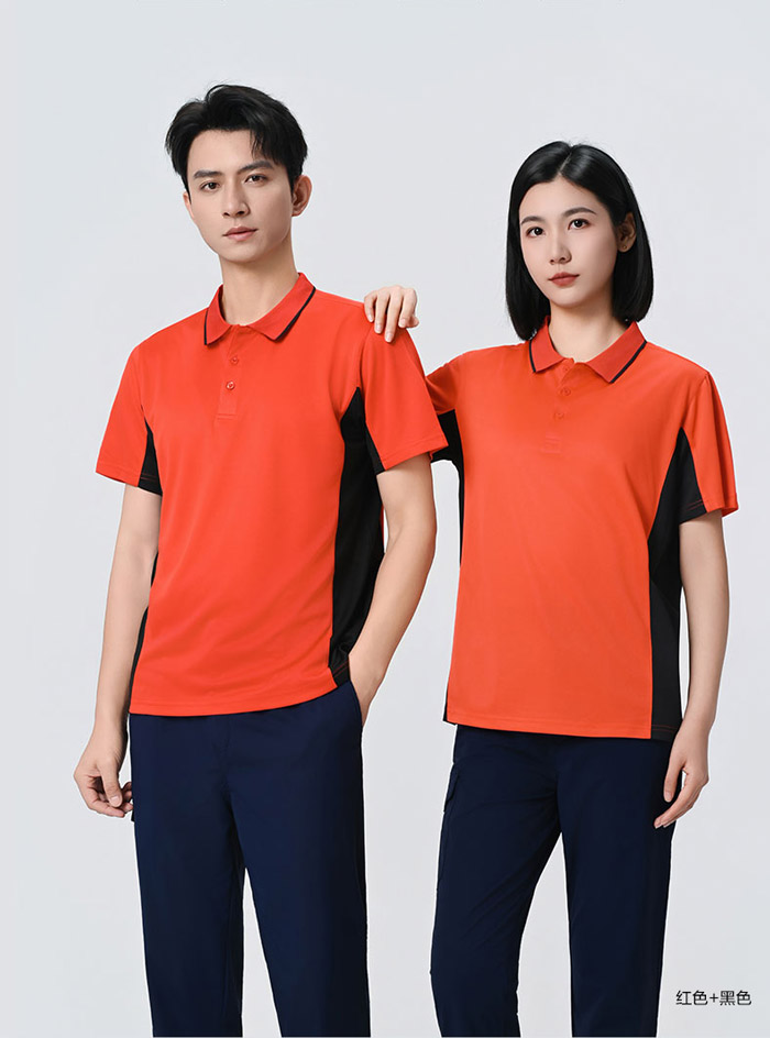 红色搭配黑色防静电短袖POLO衫模特效果展示图