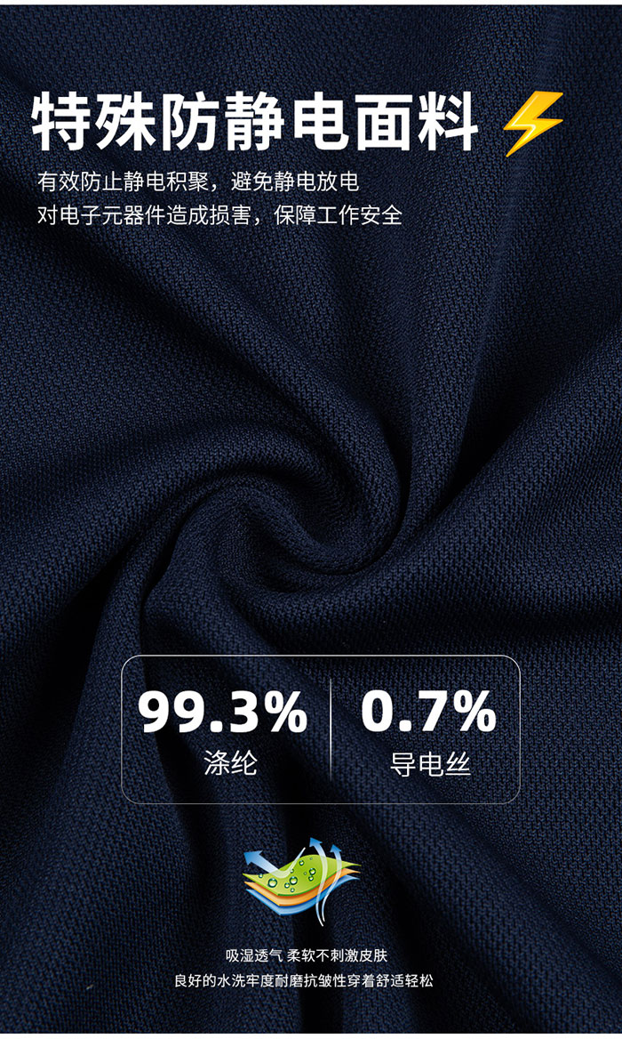 拼色款防静电T恤工作服面料防静电效果说明图