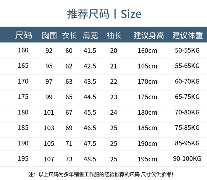 棉涤防静电短袖翻领T恤衫定制的尺寸表