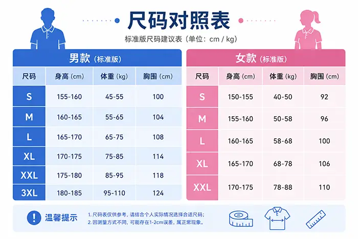 欧迈服饰工作服尺码对照表